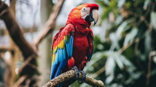 Scarlet Macaw in Jungle - Colorful Parrot Perched on Branch