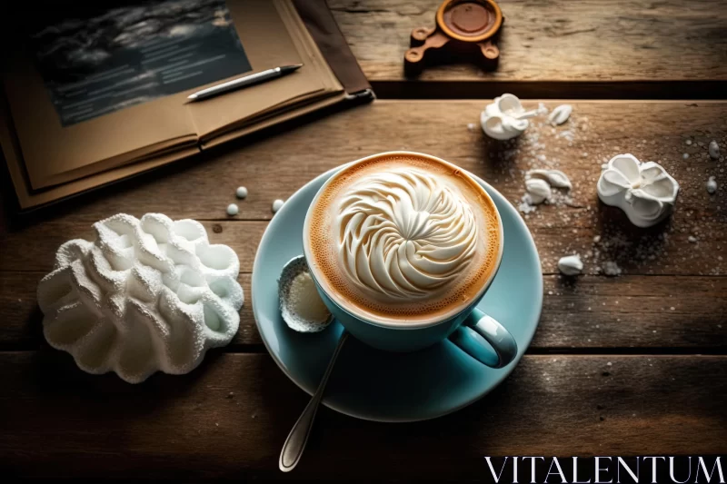 Surrealistic Cappuccino on Wooden Table | Dreamy Atmosphere AI Image