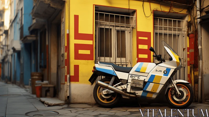 Yellow and White Motorcycle Parked in Front of a Building | Neogeo Style AI Image