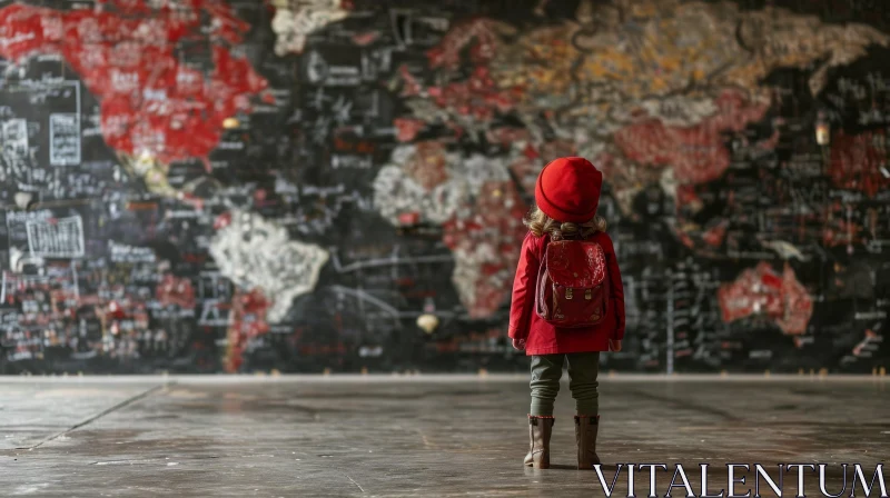 Young Girl Standing in Front of Colorful World Map on Blackboard AI Image