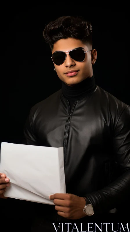 Young Man in Black Leather Jacket and Sunglasses Portrait AI Image