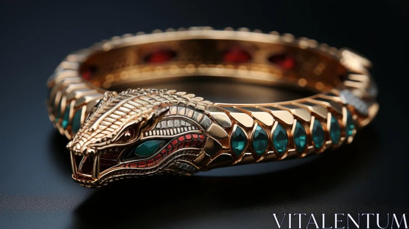 3D Golden Snake Bracelet with Red and Green Gemstones AI Image