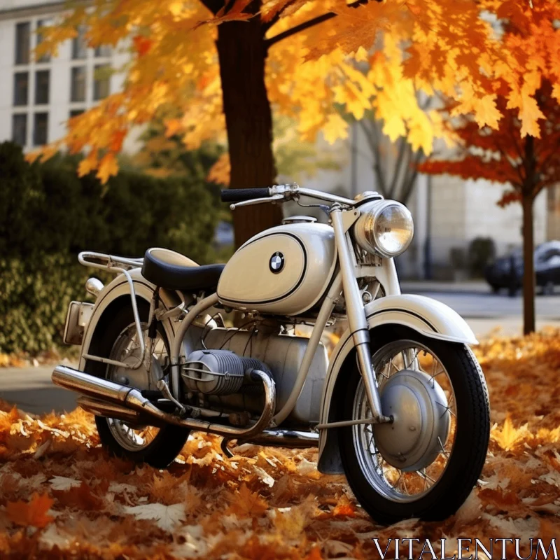 Charming BMW Motorcycle Parked in Autumn | Colorized Photo-Realistic Art AI Image