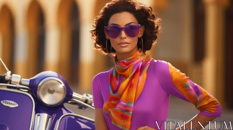 Confident Young Woman in Purple Blouse on City Street AI Image