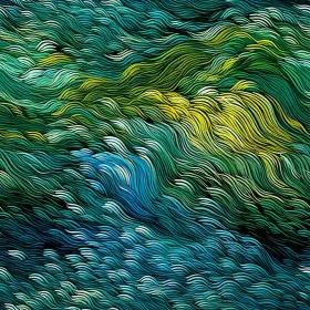 Energetic Abstract Wave Painting in Green, Blue, Yellow