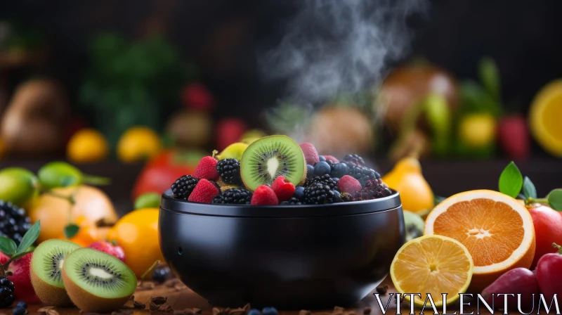 AI ART Exquisite Still Life: Bowl of Fresh Fruits on Dark Wood Table