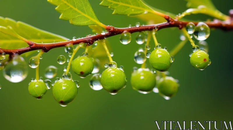 Green Berries on Tree Branch with Water Droplets AI Image