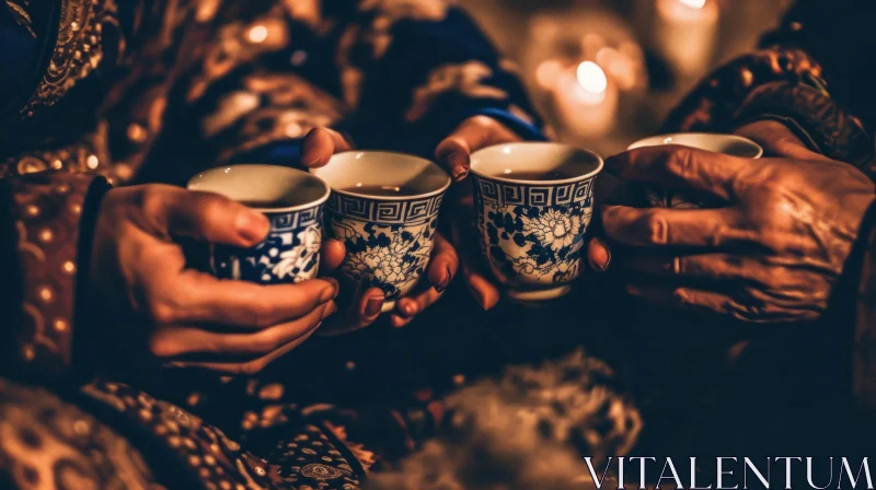 Harmonious Gathering: Blue and White Tea Cups Held by Diverse Hands AI Image