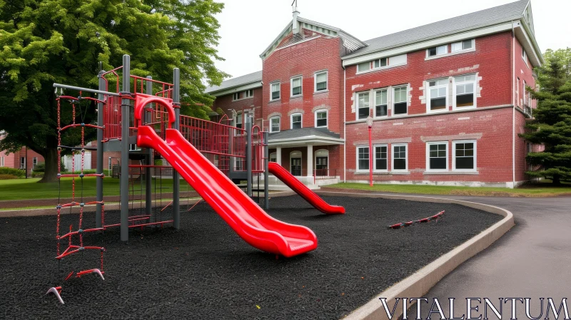 Red Brick School Building with Vibrant Playground AI Image