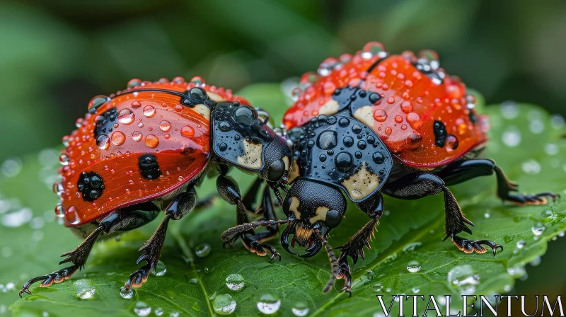 AI ART Red Ladybugs on Green Leaf Close-up
