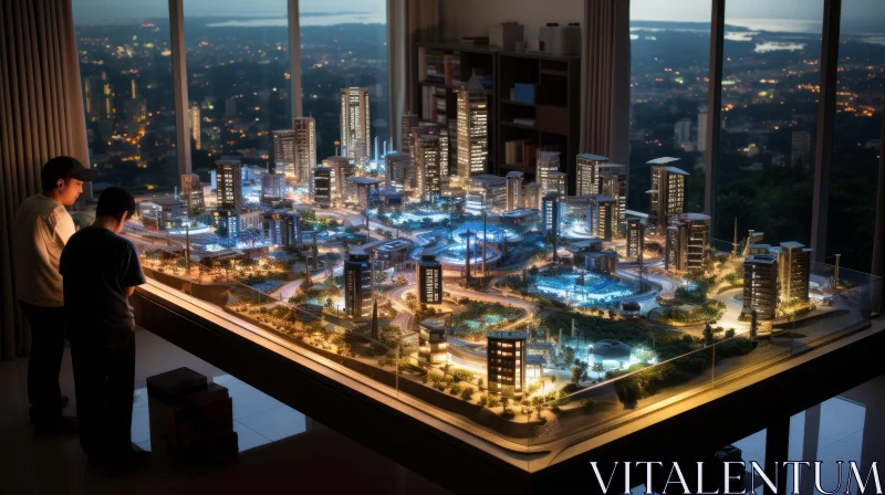 Urban Model: Man Contemplates Illuminated Cityscape AI Image