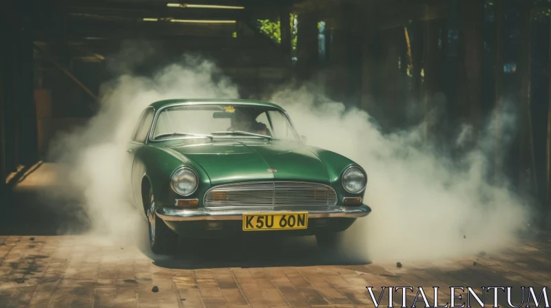 AI ART Vintage Green Car Exiting Garage Surrounded by Smoke