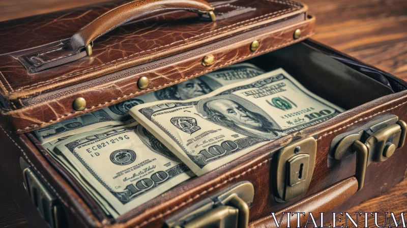 Worn Leather Suitcase Filled with One Hundred Dollar Bills AI Image