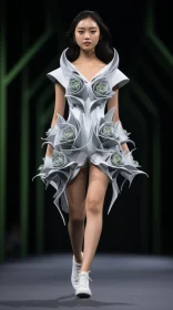 Avant-Garde 3D Printed Fashion Dress Runway Model White Green
