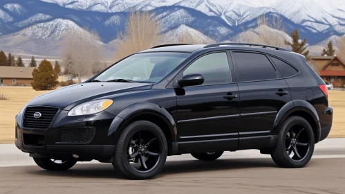Black SUV Parked in Front of Mountains - Traditional-Modern Fusion