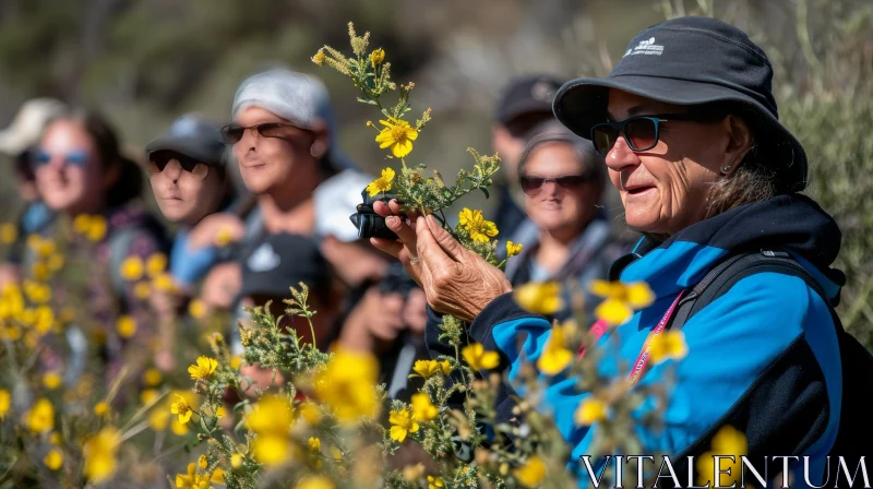 Captivating Field of Yellow Flowers: A Group of People Immersed in Nature AI Image