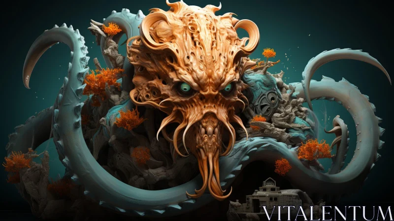 AI ART Cthulhu-like Creature 3D Rendering in Underwater Setting
