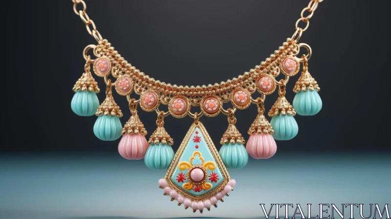 Elegant Gold Necklace with Blue and Pink Floral Pendant AI Image