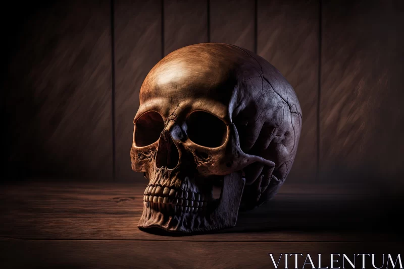 Enigmatic Dark Romanticism: Hauntingly Realistic Skull on Wooden Background AI Image