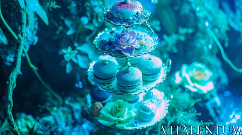 Exquisite Three-Tiered Cake Stand with Macarons and Flowers AI Image
