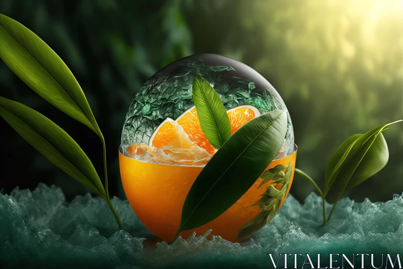 Glassy Translucent Orange in a Bowl with Leaves - Hyper-Realistic Art AI Image
