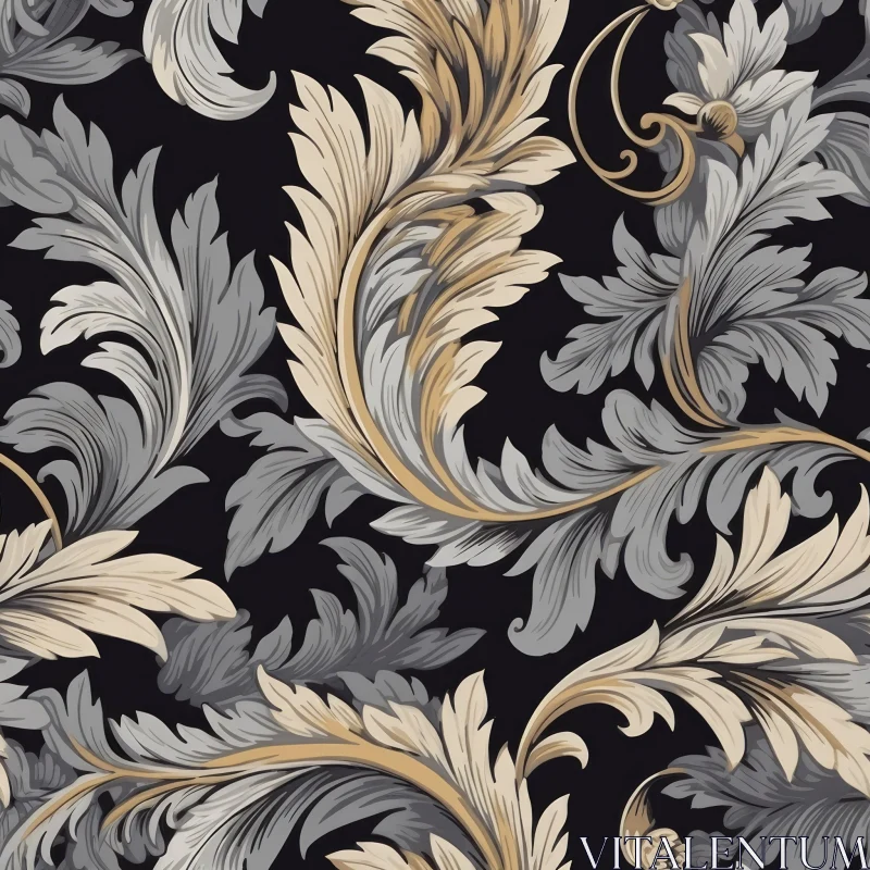 Gray and Gold Leaves Seamless Pattern on Black Background AI Image