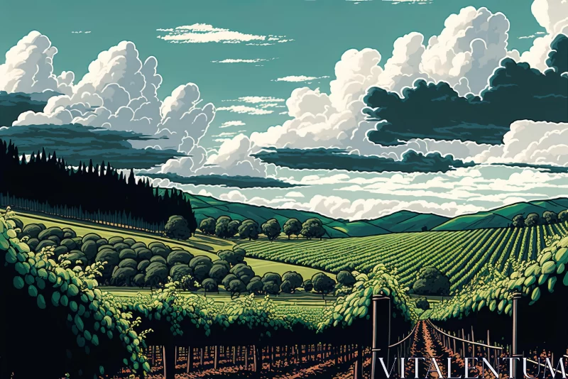 AI ART Lush Vineyard Field with Cloudy Sky - Hyper-Detailed Illustrations