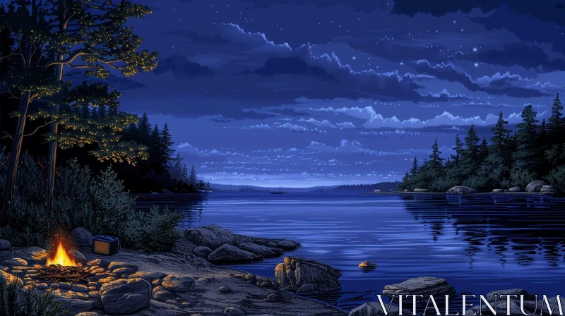 Pixel Art Night Landscape by Lake AI Image
