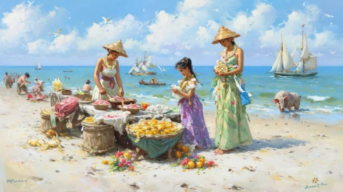 Realistic Painting of Women on a Tropical Beach