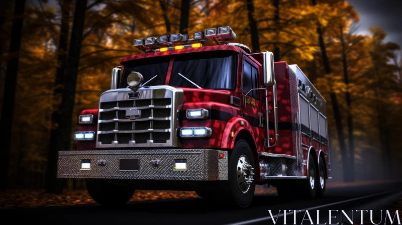 Red Fire Truck in Autumn Forest AI Image