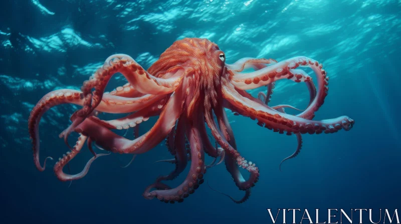 AI ART Red Octopus Swimming in Ocean - Underwater Marine Life