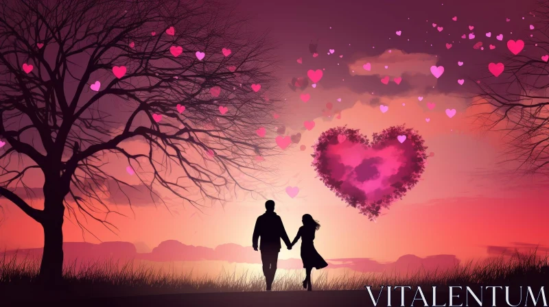 Romantic Sunset Scene with Walking Couple AI Image