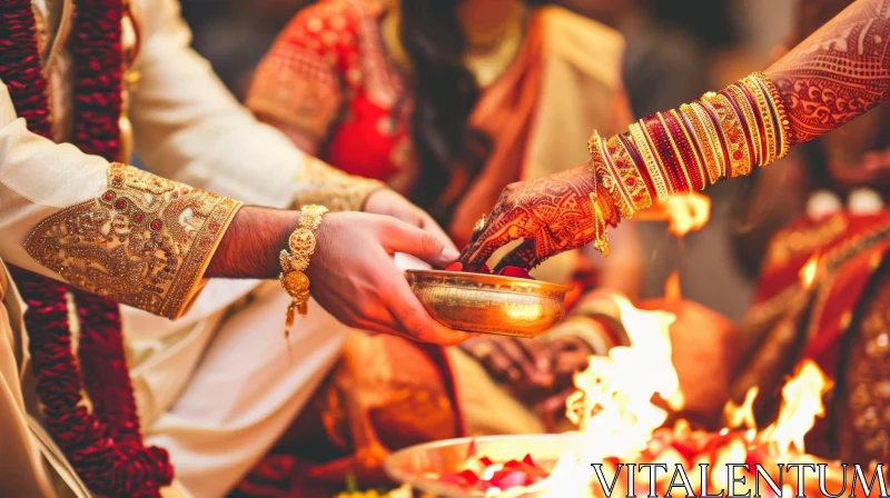 Traditional Indian Wedding Ceremony: Vibrant Red Sari, Henna Tattoos, and Sacred Rituals AI Image