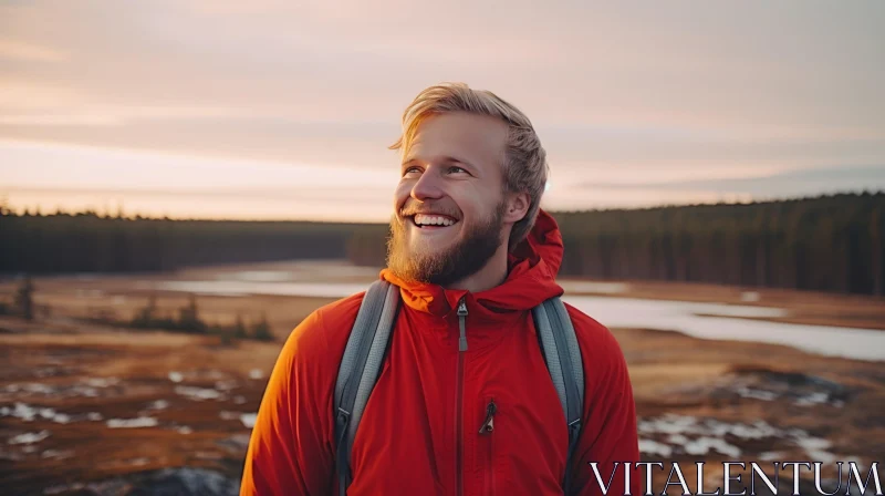 AI ART Young Male Hiker Smiling at Sunset Over Lake and Forest