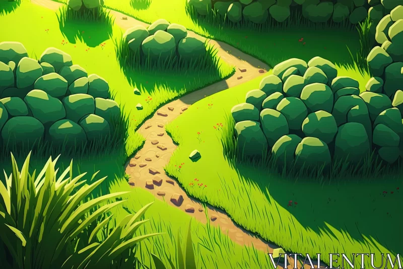 A Captivating Illustration of a Path Through Trees and Bushes in Anime-Influenced Style AI Image