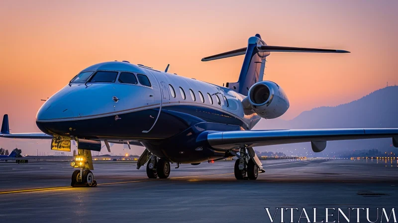AI ART Blue and White Private Jet on Runway at Sunset