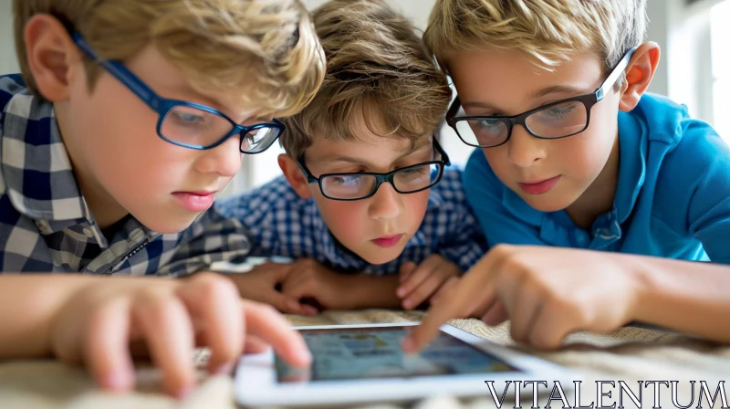 AI ART Captivating Moment: Three Boys Immersed in Tablet Experience