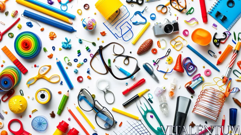 Colorful Office Supplies Flat Lay Composition on White Background AI Image