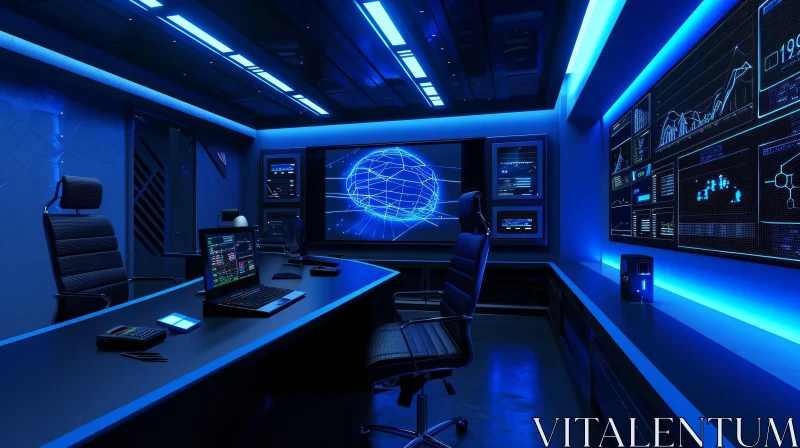 Futuristic Technology Room with Blue Lights and Computers AI Image