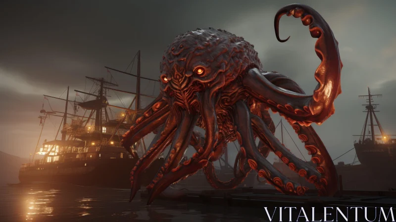 Giant Octopus Creature in Harbor - Digital Painting AI Image