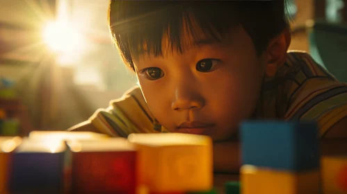 Introspective Asian Boy at a Table with Wooden Blocks