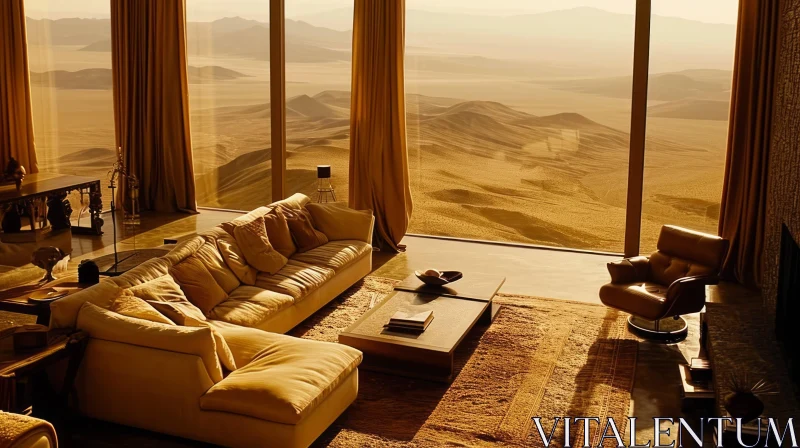 Luxurious Living Room with Desert Landscape View AI Image