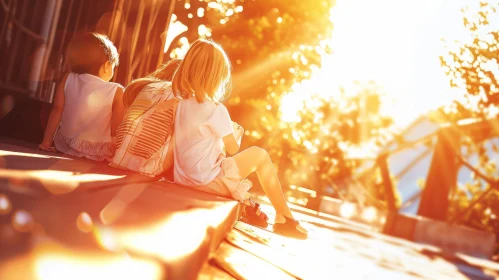 Sunlit Park: Joyful Image of Children on a Wooden Platform