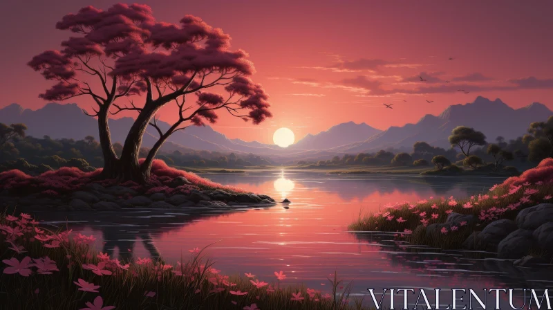 AI ART Tranquil Sunset Landscape with Lake and Mountains