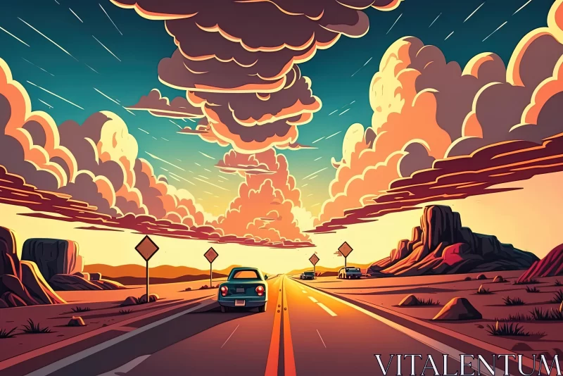 Vibrant Desert Road Illustration with Car and Clouds AI Image