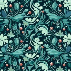 Blue and Green Leaves Pattern with Berries
