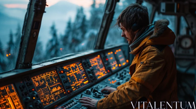 Enigmatic Control Room: A Man in a Yellow Jacket and Headphones AI Image