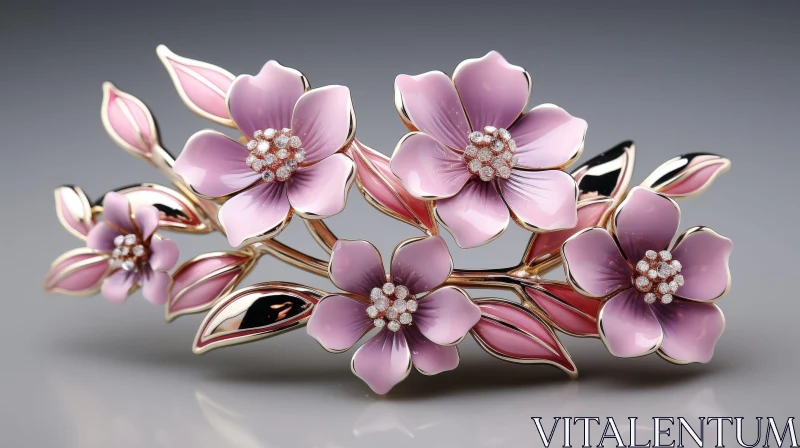 Exquisite Gold Brooch with Pink Flowers and Diamonds AI Image