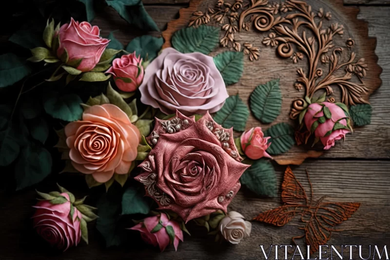 Exquisite Handmade Roses on Vintage Background - Nature-Inspired Art AI Image