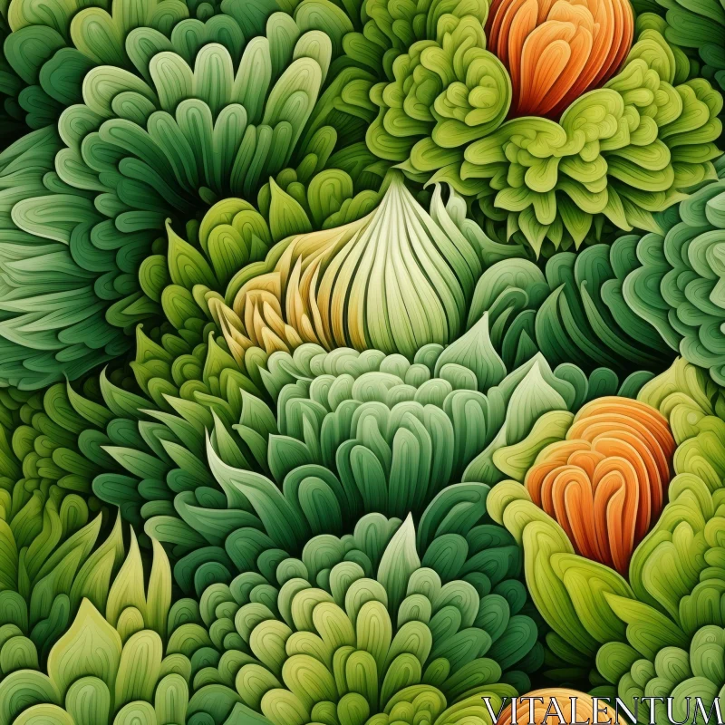 AI ART Intricate Hand-Drawn Floral Pattern - Green, Orange, Yellow